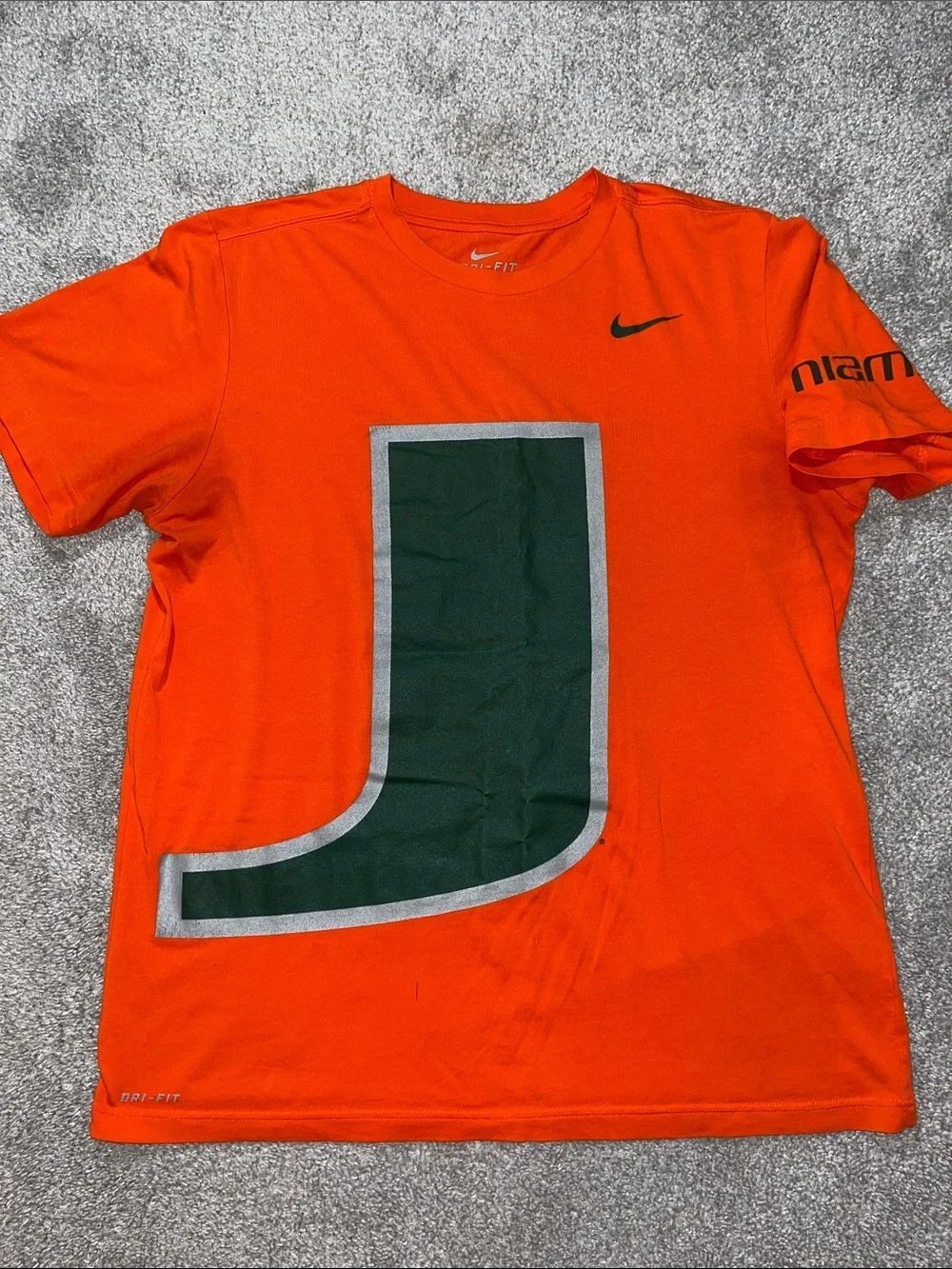 UM Miami Hurricanes Nike Dri Fit Big Orange Logo U tee t shirt L marks stains